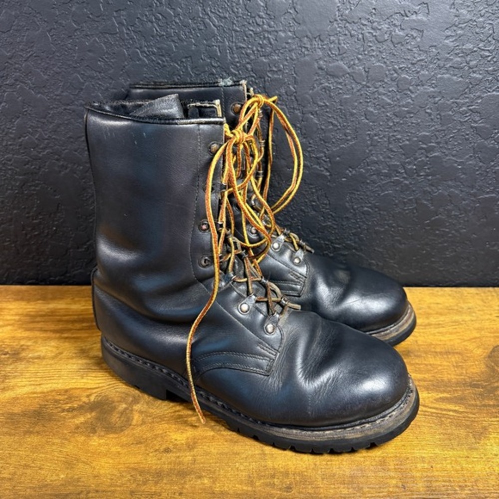 Vintage‎ Black Leather Vibram Lug Sole Combat Work Boots Mens Size 10